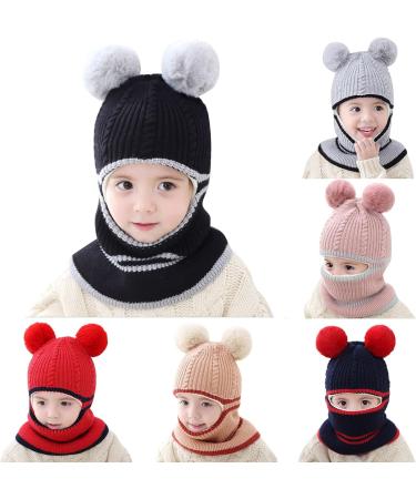Baby Balaclava Kids Winter Hat with Double Pom Pom Design - Small Bear Beanie for Girls Boys - Warm Knitted Hood and Scarf Combo, B-A One Size - Buy Online on GoSupps.com