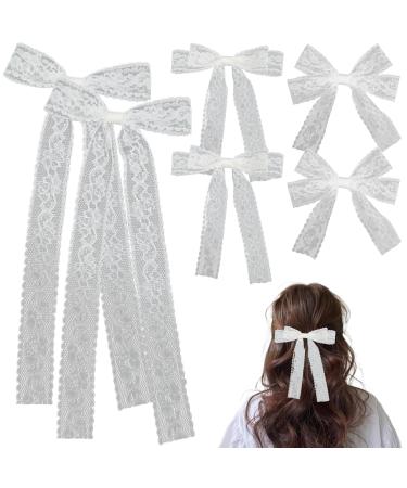6pcs Lace Hair Bow for Women Girls Tulle Lace Bows for Hair with Long Ribbon White Lace Bow with Metal Clips for Party Birthday Wedding Festival