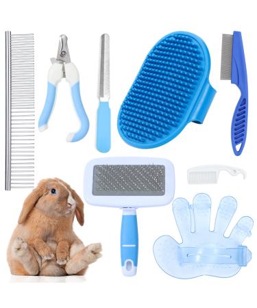 8 PCS Rabbit Grooming Kit, Rabbit Brush, Small Animal Pets Grooming Kits Include Pet Grooming Shedding Slicker Brush, Bath Massage Glove Brush, Nail Clipper, Flea Comb, Pet Double-Sided Comb for Rabbits Guinea Pigs Hamster Bunny(blue) (One Size, bule) One