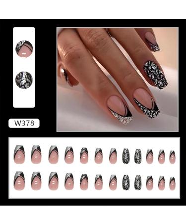 Buy Black French Tip Press On Nails - Medium Coffin Silver Glitter & Leopard Design - 24 Pcs Short Acrylic Fake Nails for Women - Buy Online on GoSupps.com