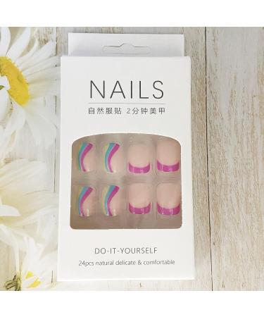 Colorful Waves French Tip Press on Nails - Glossy Blue & Pink Swirl Design | 24Pcs - Buy Online on GoSupps.com