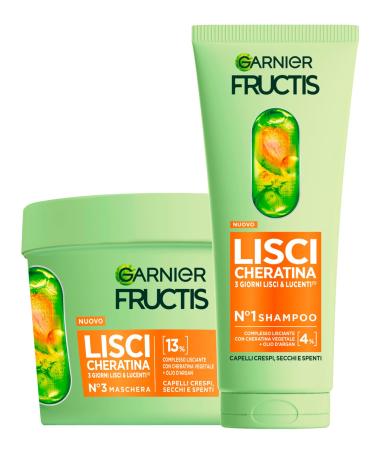 Garnier Fructis K ratine Liss Routine Shampooing 200ml + Masque 370ml Traitement Lissant pour Cheveux Secs et teints Formule V gane avec K ratine V g tale et Huile d Argan - Set de 2