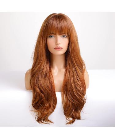 EMMOR Auburn Ombre Long Curly Wig with Bangs - Heat Resistant Synthetic Wig for Women | Natural Daily Hairpiece - Buy Online on GoSupps.com