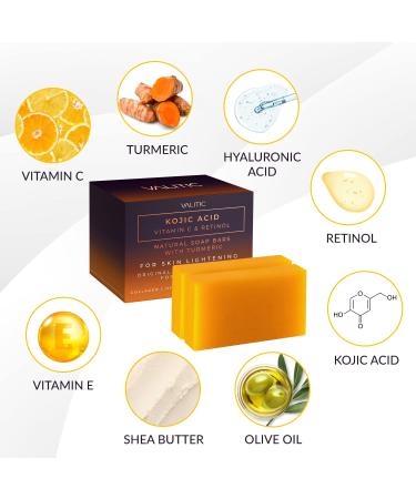 Valitic Kojic Acid Vitamin C and Retinol Soap Bars with Turmeric - Skin Lightening Japanese Complex - Dark Spot Treatment with Collagen, Hyaluronic Acid, Vitamin E - 2 Pack - Buy Online on GoSupps.com