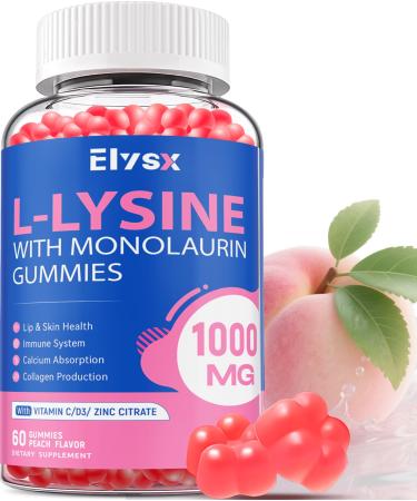 L-Lysine Gummies 1000mg Sugar-Free Chewable Lysine with Monolaurin Supplement for Adults & Kids Lips & Oral Health Immune & Overall Health Natural Peach Flavor 60 Count 1 Count (Pack of 60)