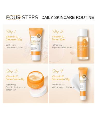 Vitamin C Travel Skincare Set | 4-Pack Face Routine Kit for Teenage Girls & Women | Cleanser Toner Face Cream Sunscreen SPF50 - Perfect Travel Essentials Gift Set - Buy Online on GoSupps.com