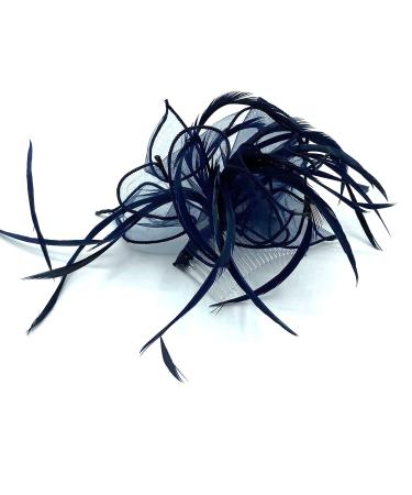 Ladies Mesh Feather Comb Fascinator Ladies Day Races Ascot Weddings Hair Piece (Navy Blue)