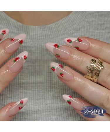 24Pcs Pink French Tip Press on Nails Short Almond Fake Nails Cute Strawberry Glue on Nails Nude Pink Acrylic Nails Full Cover Stick on Nails Spring False Nails for Women Girls Manicure Decoration French-6