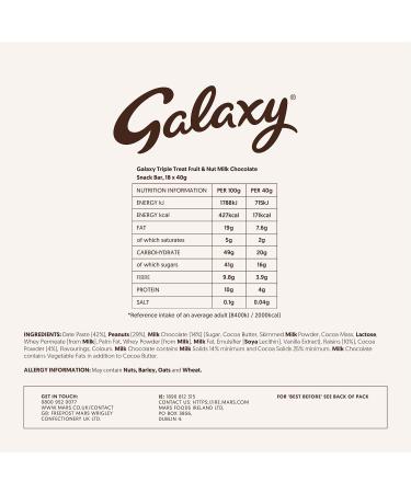 Galaxy Triple Treat Fruit & Nut Chocolate Bars - Healthy Snacks | Bulk Milk Chocolate - 18 bars x 40g - Buy Online on GoSupps.com