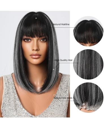 Allbell 14-Inch Brown Bob Wig with Bangs - Heat Resistant Synthetic Wig for Daily Use - Black with Gray - Buy Online on GoSupps.com