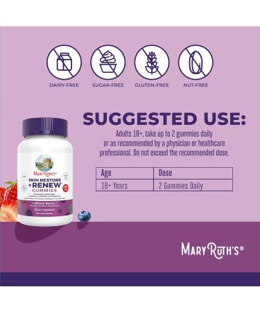 MaryRuth's Skin Restore + Renew Gummies With Hyaluronic Acid | Skin Hydration | Clinically Shown in Women to Reduce Fine Wrinkles & Improve Skin Firmness | Vegan Collagen Production | 60 Gummies - Buy Online on GoSupps.com