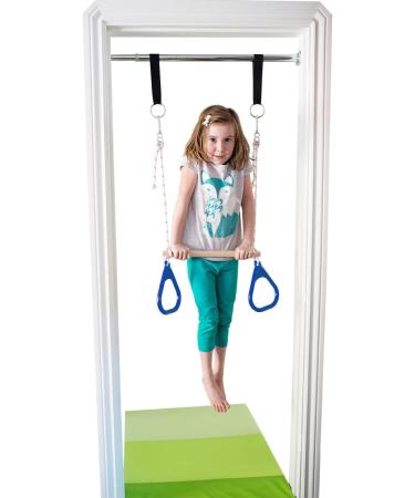 DreamGYM Wooden Trapeze Swing Bar with Blue Gym Rings - Perfect for Obstacle Courses, Doorway Swings, Playgrounds & Swing Sets - Buy Online on GoSupps.com