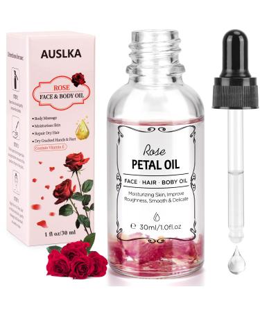 AUSLKA Facial Rose Oil Moisturizing without Greasiness Natural Rose Essential Oil with Petal Fragrance for Face Body Hand Contains Vitamin E Anti Ageing & Anti Wrinkle for Skin Care 1 FL.OZ (30ml)