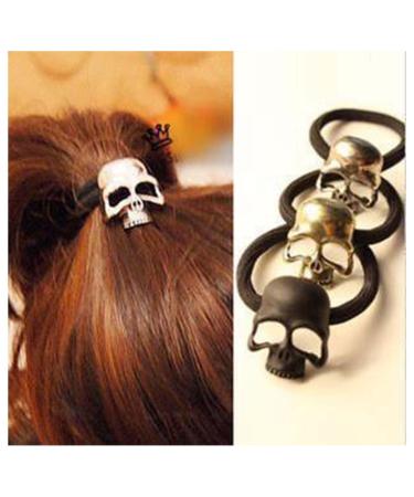 Aneneiceera Gothic Skull Hair Tie Viking Skull Hair Band Rope Black Ponytail Holder Black Rope Hair Ties Scrunchies Punk Ponytail Holder Skeleton Hair Accessories Jewelry for Women and Girls (Silver)