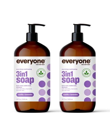 Everyone 3-in-1 Soap Body Wash Bubble Bath Shampoo 32 Ounce (Pack of 2) Vanilla and Lavender Coconut Cleanser with Plant Extracts and Pure Essential Oils