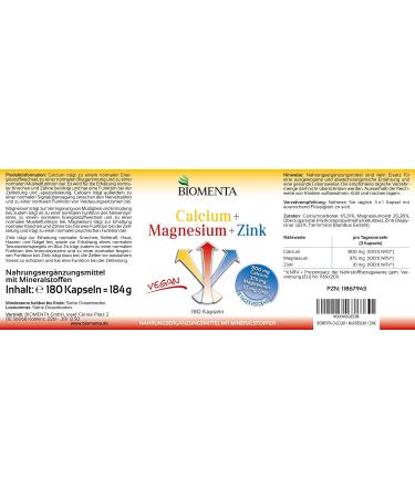 Buy BIOMENTA Calcium + Magnesium + Zinc - 180 High-Dose Vegan Capsules | Premium Quality Multi-Mineral Supplement - 100% NRV - Buy Online on GoSupps.com