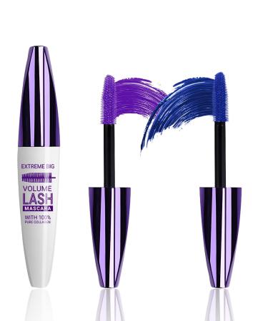 5D Blue Purple Mascara Voluminous-2Pcs Waterproof Cat Eye Makeup Color Mascara for Eyelashes Best Volumizing Lengthening Curling Defining Eye Lashes Cosplay Party Stage Use Women Girl Makeup Gift 04#Blue+05#Purple