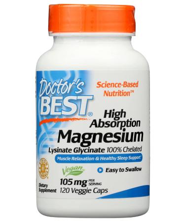 Doctor's Best High Absorption Magnesium Glycinate Lysinate 100% Chelated Non-GMO Vegan 120 Veggie Capsule (Pack of 1)