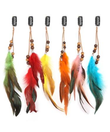 MWOOT 6Pcs Feather Hair Clips  Handmade Boho Hair Extensions with Clip Comb  Bohemian Hippie Hairpin Feather Indian Tassel Hemp Rope Festival Headwear Cosplay Headdress Accessories -Beads Styles