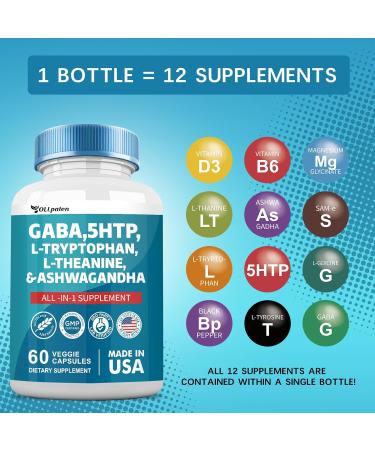 Buy GABA 750mg + 5-HTP 200mg + L-Tryptophan 500mg + L-Theanine 200mg + Ashwagandha 3000mg - Mood Support Vitamins for Men & Women - 60 Capsules - Buy Online on GoSupps.com