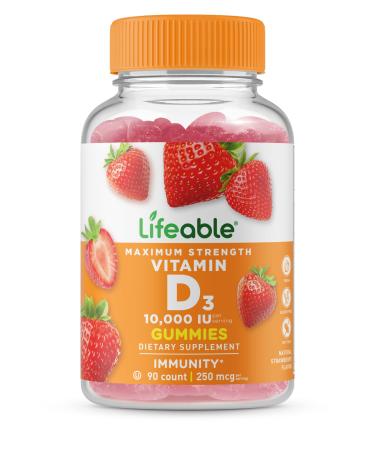 Lifeable Vitamin D3 10000 IU - Great Tasting Natural Flavor Gummy Supplement - Gluten Free Vegetarian GMO-Free Chewable - for Strong and Healthy Bones - for Adults Men Women - 90 Gummies - Buy Online on GoSupps.com