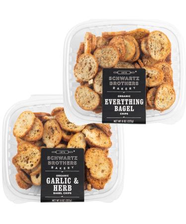 Everything & Garlic Bagel Chip Sampler, Schwartz Brothers Twice Baked, Fresh, Organic, Kosher, Artisanal, Vegan. Perfect for parties and picnics. (2 pack / 8 oz containers)
