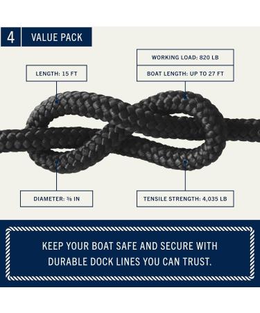 Rainier Supply Co. 15ft x 3/8in Boat Dock Lines - Premium Double Braided Nylon Mooring Lines - 4 Pack Black Nylon - Buy Online on GoSupps.com