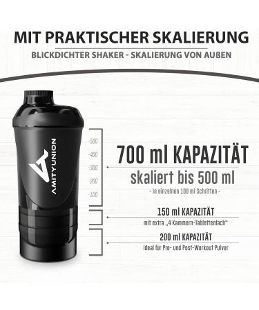 Amityunion 700ml Protein Shaker - Leak-Proof BPA Free With Powder Compartment & Sieve Scale for Whey & BCAA Shakes - Black Fitness Cup - Buy Online on GoSupps.com