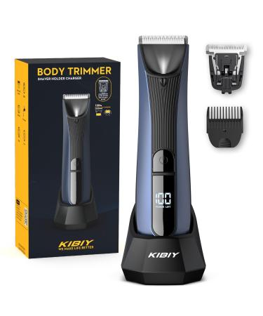 Body Groomer Men Electric Groin Hair Trimmer Waterproof Pubic Hair Trimmer with Replaceable Ceramic Blade Heads LED Light and Display Standing Recharge Dock Blue