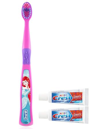 Oral-B Disney Princess Toothbrush for Little Girls Extra Soft Ariel Characters - 1 Count and Crest Kids Cavity Protection Toothpaste Sparkle Fun Size 0.85oz (24g) - Pack of 2 Set for Age 3+
