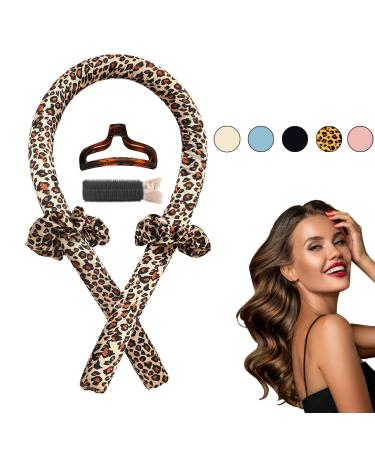 Women Heatless Curling Curlers Rod Headband for Long Hair, No Heat Rollers Curl Curls with Hair Clips Scrunchie, Leopard Curler Waves Rods Satin Big Soft Silk Foam Ribbon Sleep Flexirod Twist Pure Leopard