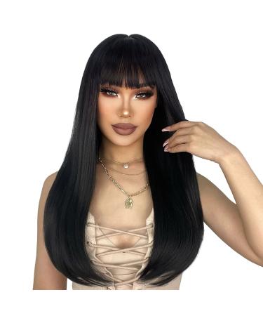 ENTRANCED STYLES Black Wigs for Women Long Straight Wig with Bangs Black Hair Wigs Heat Resistant Synthetic Womens Wig for Daily Party Use 22 Inch