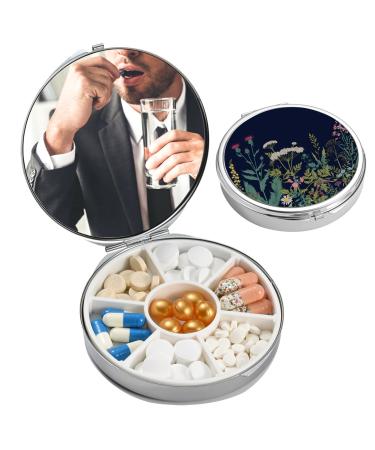 Pill Box Small Pill Organizer (Portable 7 Compartment Capacity) Pocket or Wallet Carrying Case Travel Medication Organizer (Black flowers1)