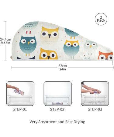 Colored Owls Hair Towel 2 Pack - Super Absorbent Quick Dry Hair Turbans for Women & Girls | Perfect Hair Drying Solution - Buy Online on GoSupps.com