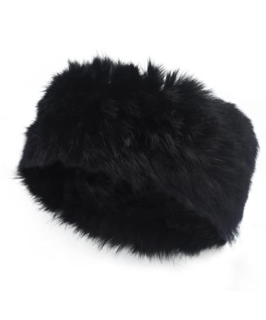 ZLYC Women Rabbit Fur Headband Cold Weather Hair Band Stretchy Winter Earwarmer Earmuffs (Solid Black)