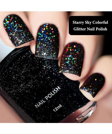 Black Glitter Nail Polish Shimmering Varnish Laser Rainbow Star Planet Sparkly Spiral Silver Shimmer Quick Dry Nail Varnishes Shining Sparkling Long Lasting No Need Cure DIY Nail Art Manicure - Buy Online on GoSupps.com