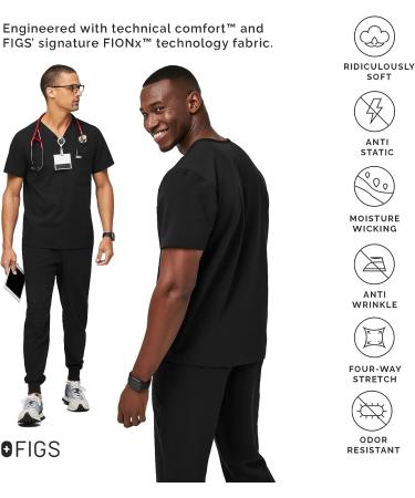 FIGS Leon Men's Scrub Top - Tailored Fit V-Neck, 3 Pockets, 4-Way Stretch | Medium Black - Buy Online on GoSupps.com