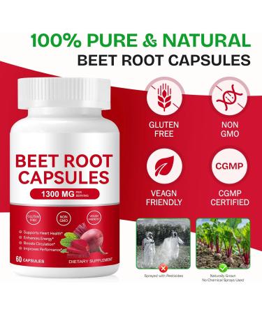 Beet Root Capsules 1300mg Natural Energy & Endurance Support Non-GMO - 60 Capsules Beetroot Supplement Powder | 30-Day Supply | Pure Beet Energy Booster | Vegan Friendly - Buy Online on GoSupps.com