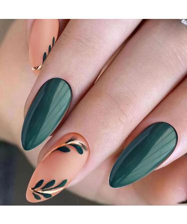 Dark Green Almond Press on Nails with Gold Line & Leaf Design | 24Pcs Matte & Glossy Acrylic Fake Nails for Women & Girls - Buy Online on GoSupps.com