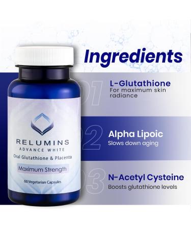 Relumins Advanced White Glutathione Capsules - Max Strength Supplement with ALA Placenta Rose HIPS & Vitamin C - Supports Collagen & Youthful Skin Made in USA - 60 Caps 60 Capsules x 1 Bottle - Buy Online on GoSupps.com