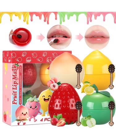 4Pcs Tinted Bee Lip Balm Fruit Lip Mask Honey Pot Strawberry Apple Lemon Peach Jelly Lipstick Galentines Day Gifts Valentines Day Gifts Moisturizer Prevention Dry & Cracked Strawberry & Green Apple& Lemon & Peach