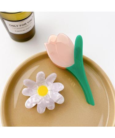 Hair Claw Clips 2 Pieces Of Small Daisy Tulip Hairpin Acetate Hairpin Women'S Simple Disc Hair Ornament Pink Green - Buy Online on GoSupps.com