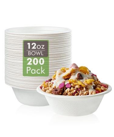 Vplus 200 Pack 12 OZ Paper Bowls Disposable Compostable Bowls Bulk Eco-friendly Bagasse Bowls Heavy-duty Bowls Perfect for Milk Cereals Snacks Salads 12OZ White