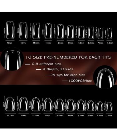 ELLEWIN 1000PCS Clear False Nails - Full Cover Acrylic Nail Tips in 10 Sizes & 4 Shapes for Salon & DIY - Long Almond Square Coffin & Oval - Buy Online on GoSupps.com