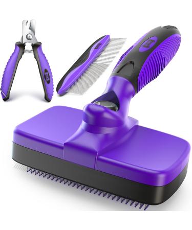 Ruff 'N Ruffus Self-Cleaning Slicker Brush With PAIN-FREE Bristles | Gently Removes Loose Undercoat, & Tangled Hair | For Cats & Dogs | Reduces Shedding by 95% + FREE Pet Nail Clipper & Comb included (Purple slicker Brush + 2 Free Bonuses)
