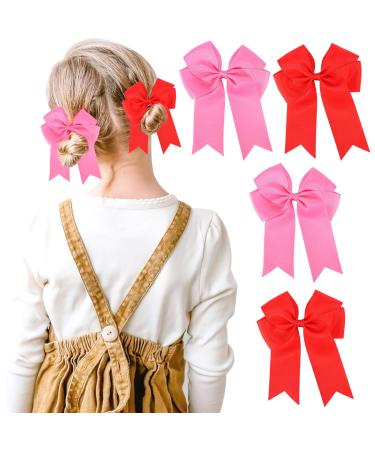 6Pcs Red Bow Hair Ribbon Hair Bow Hair Bow Clips Barrettes with Long Silky Satin Tail 6.5 inch Ponytail Holder Bow Hair Bow with Duckbill Clip for Girls Women for Birthday Party (Red+Pink) Red Pink