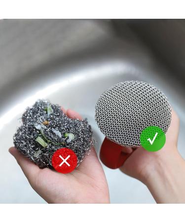 Besreey Stainless Steel Dish Scrubber Silicone Handle Pot Cleaning Scrubber Brush - Ergonomic Multi-Functional Kitchen Dish Scrubber Cast Iron Brush for Pans Grills Kitchen Stove Red - Buy Online on GoSupps.com