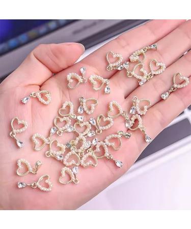 Heart Nail Charms 20PCS 3D Pearl Rhinestone Love Alloy Nail Charms Gold Nail Art Dangle Charms Nail Jewelry for Nail Decorations DIY Crafts
