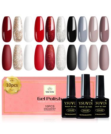 YSURE Gel Nail Polishes- Gel Nail Polish Set 10 Colors Red Black Grey White Glitter Nail Polish Soak Off LED Gel Nail Kit Nail Art Manicure Salon DIY at Home Beauty Gifts (Maple Red)