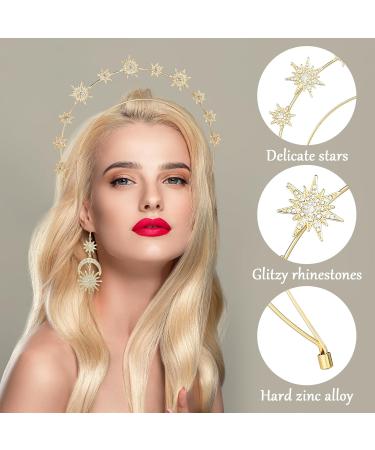 Amabro Halo Crown Stars Crystal Headband Goddess Crown Halo Headband with Sun Moon Earrings Glitter Rhinestone Tiara Hair Band Accessories for Women Boho Bridal Wedding Headpiece(Gold) - Buy Online on GoSupps.com